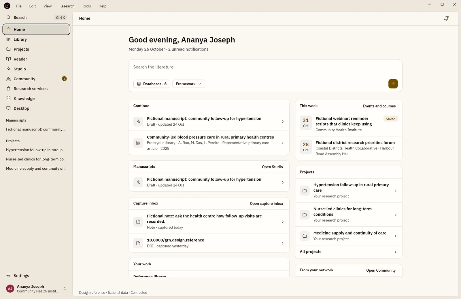 The GRN Windows app: the research desk with search, library, reader and Studio
